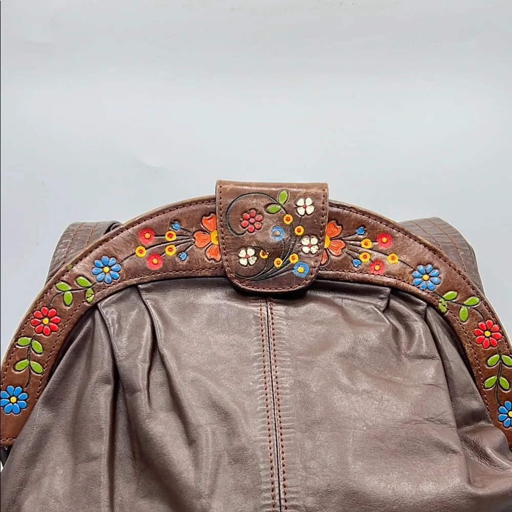 Gaitan Dark Brown Orange Handpainted Florals Tooled Leather‎ Trim Vintage RARE